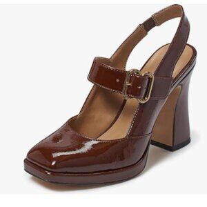 FYS Chocolate Platform Square Toe Pumps Block High Heel Mary Jane Slingback Shoe